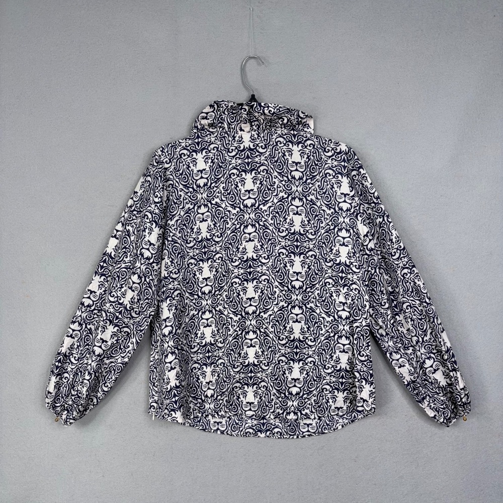 Elizabeth McKay Blouse Womens 12 Navy White Lion Print Silk Ruffle Preppy - Picture 4 of 7